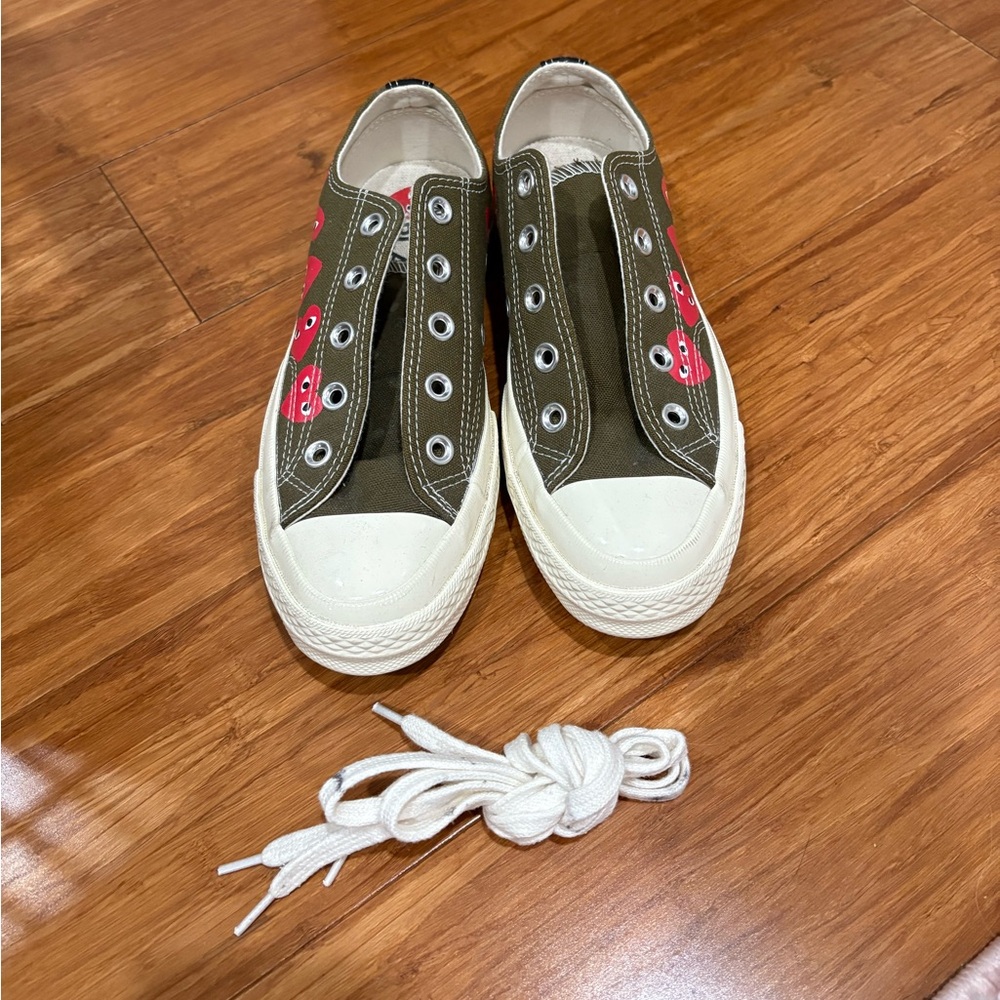 Comme des Garcons Olive/Khaki Low Top Sneakers with Red Heart Logo
